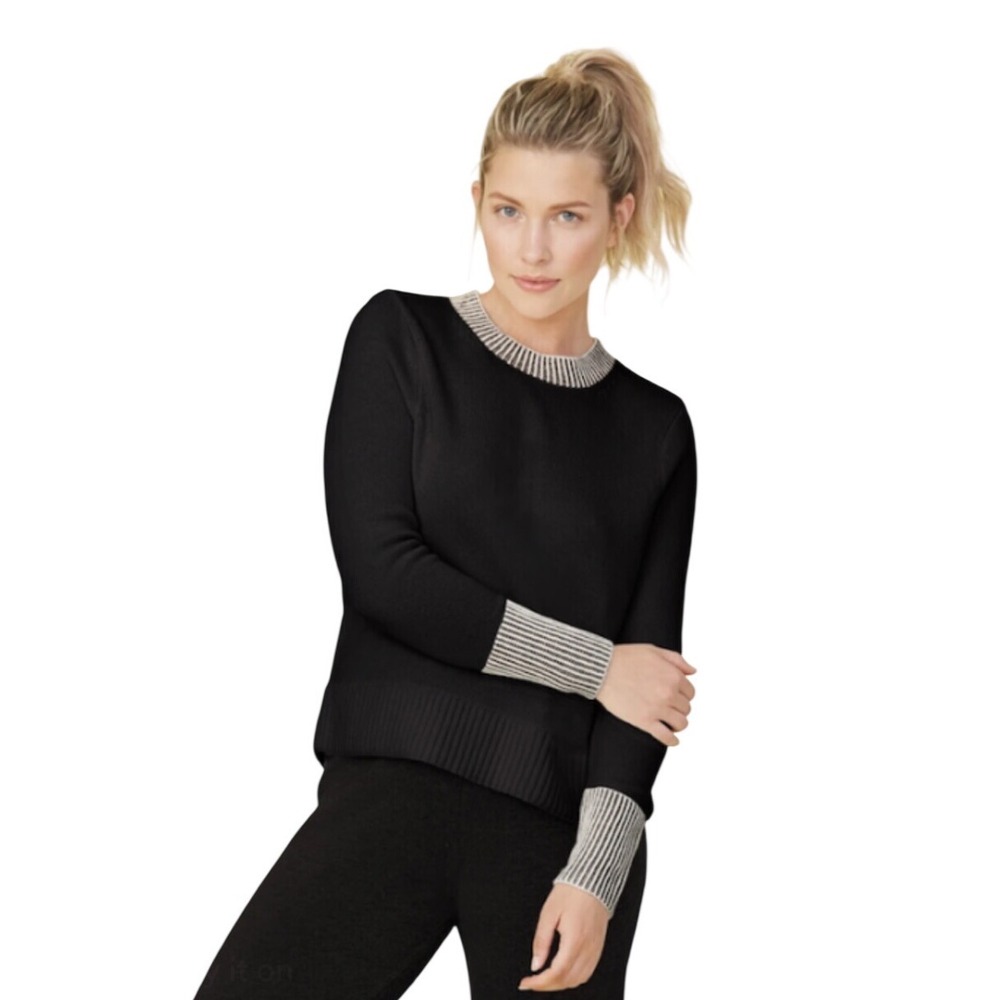 Summersalt Black Cashmere Wool Blend Striped Cuff Crew Neck Sweater Large Sz L